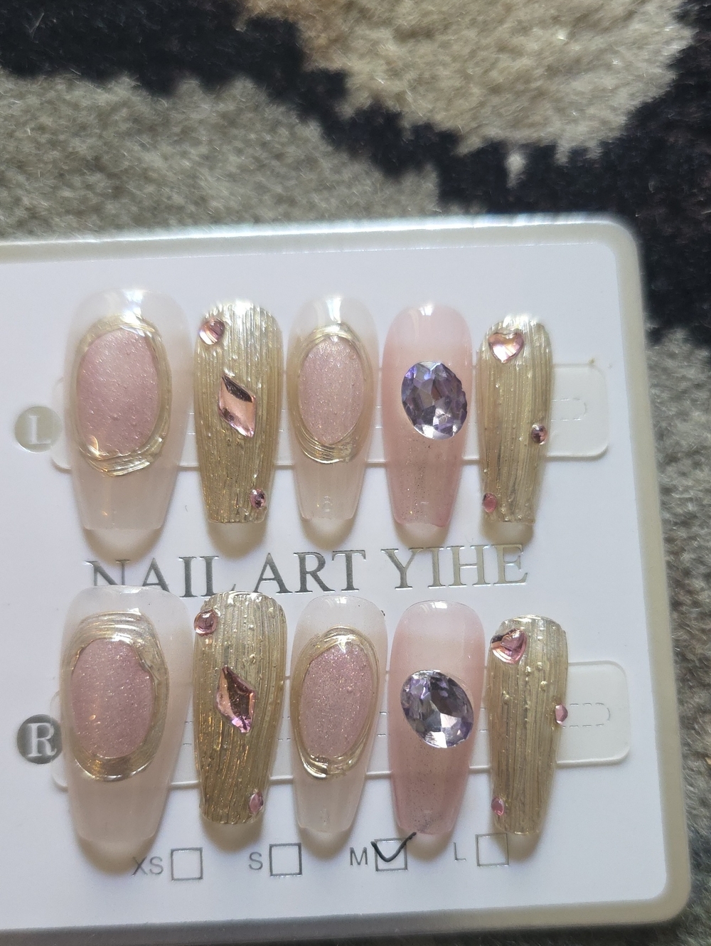 Nail Art Press-On Set — Pink and Gold Faux Gem Accents Size Med